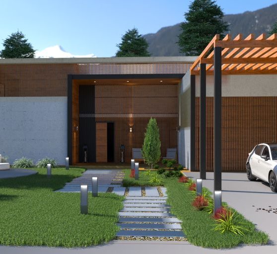 Render 3D de fachada contemporánea con líneas limpias y materiales naturales.