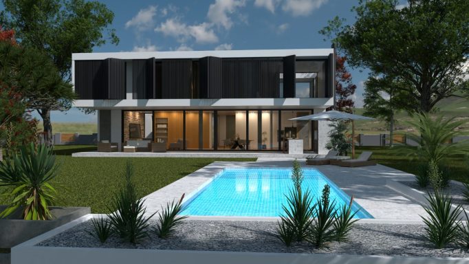 Render fachada chalet piscina