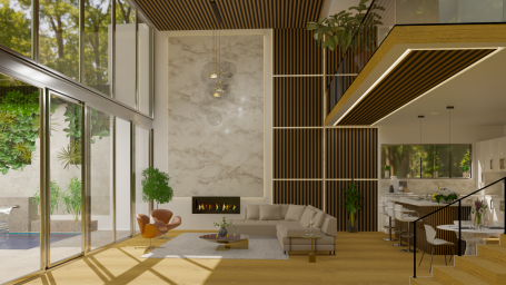 imagen de salón con techos altos y tonalidades cálidas