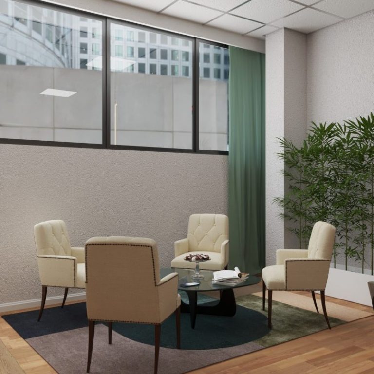 Render de despacho contemporáneo con iluminación natural y mobiliario minimalista