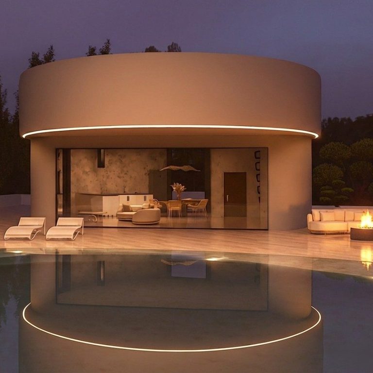 Render arquitectónico de vivienda circular con diseño innovador