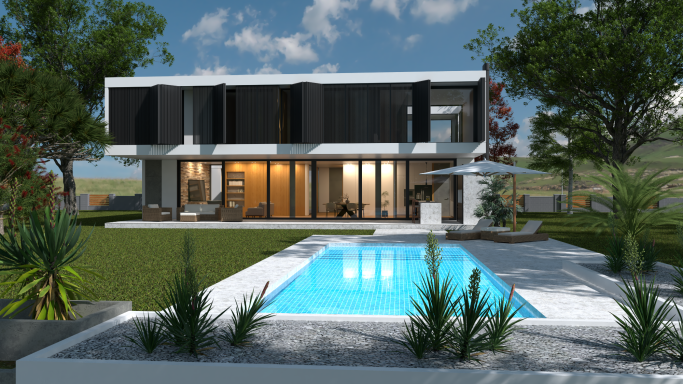 Fachada chalet con piscina