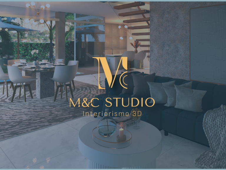 Imagen  render de salón con logomarca del estudio