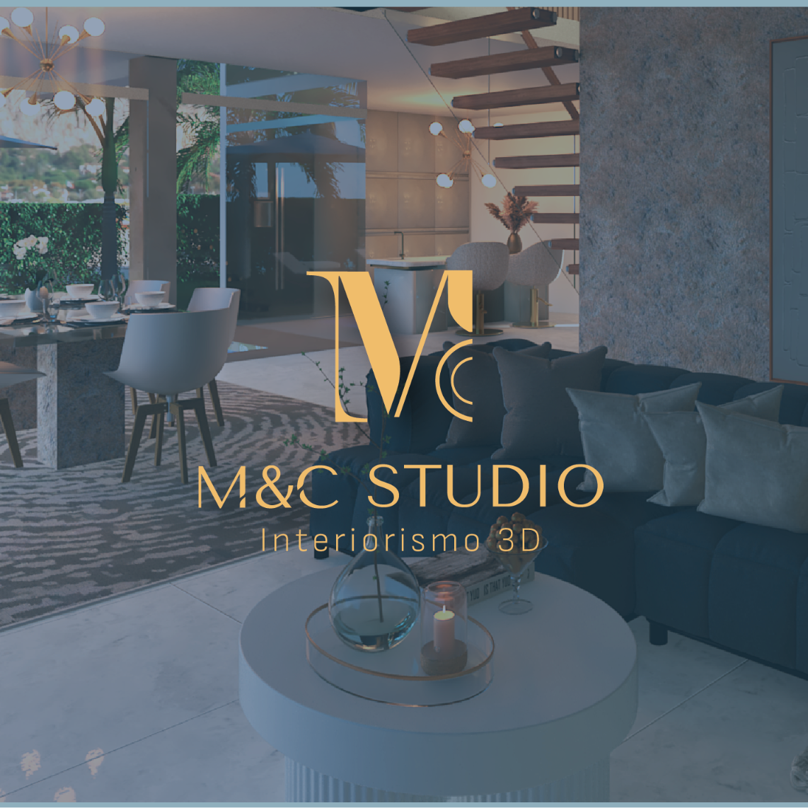 Imagen render de salón con logomarca del estudio
