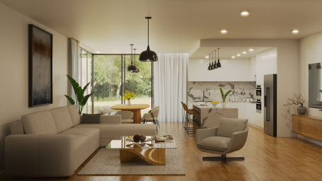 Imagen de salon-cocina en tonos cálidos y luminoso