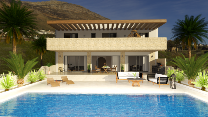 Fachada casa con piscina