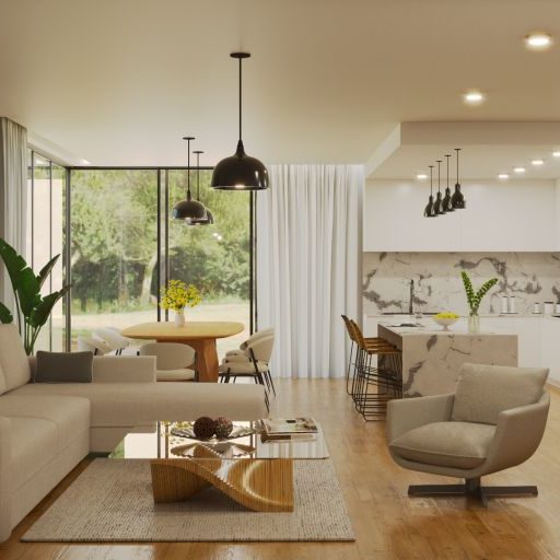 Render cocina-salón beige