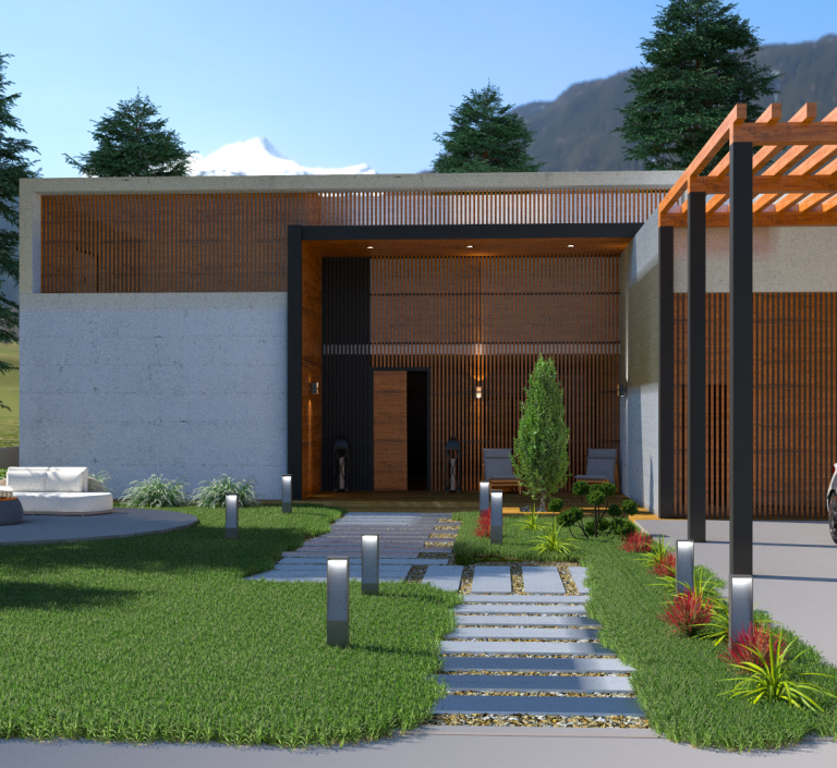 Render 3D de fachada contemporánea con líneas limpias y materiales naturales.